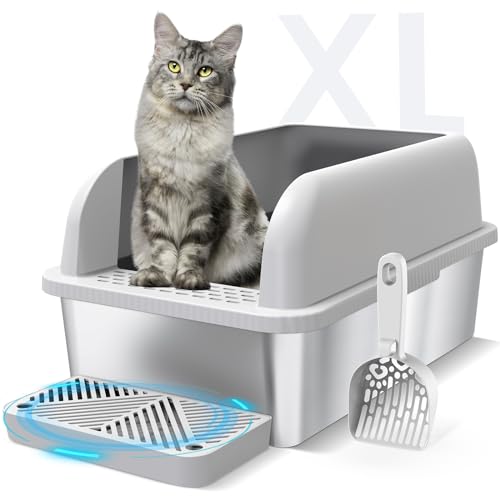 Suzzipaws Enclosed Stainless Steel Cat Litter Box with Lid Extra Large Litter Box for Big Cats XL Metal Litter Pan Tray