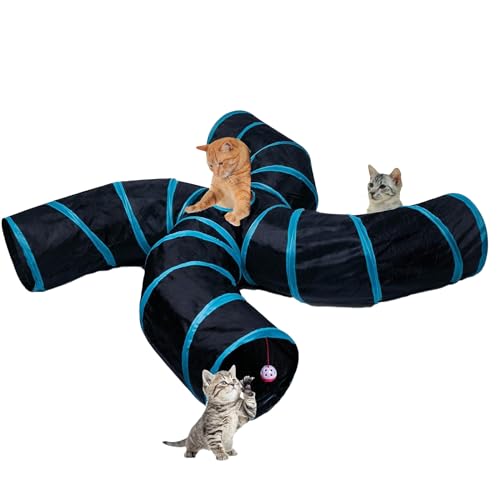 EGETOTA Cat Tunnel for Indoor Cats Large, with Play Ball S-Shape 4 Way Collapsible Interactive Peek Hole Pet Tube Toys, Puppy, Kitty, Kitten, Rabbit (S4 - Black & Blue)