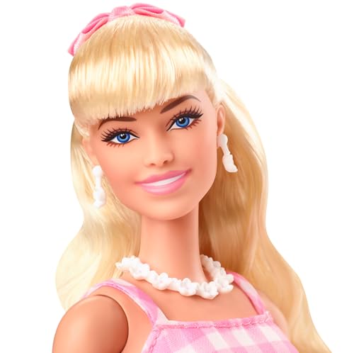 Barbie The Movie Doll, Margot Robbie Barbie Doll with Pink and White Gingham Dress and Daisy Chain Necklace, Toys for Ages 3 and Up, One Barbie Doll, HPJ96