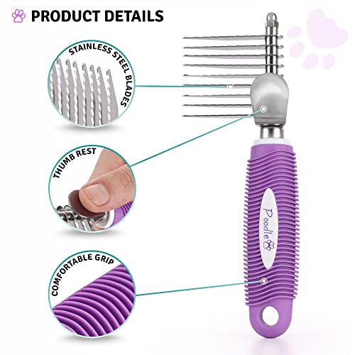 Poodle Pet Dematting Fur Rake Comb Brush Tool with Long 2.5” Steel Safety Blades for Detangling Matted or Knotted Undercoat Hair