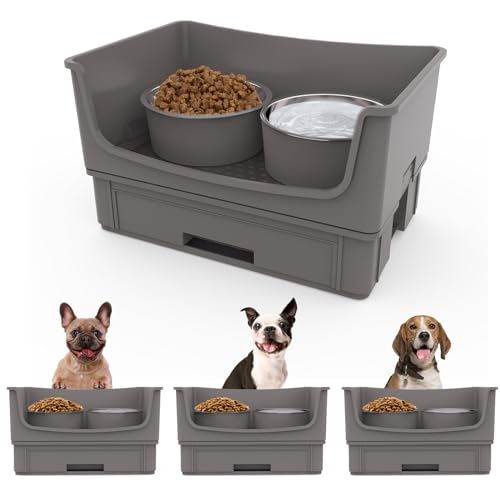 HIKINGO Mess Proof Dog Bowls, No Mess Dog Food and Water Bowl Set, No Spill Edge Pet Feeder with 2 Stainless Steel Bowls