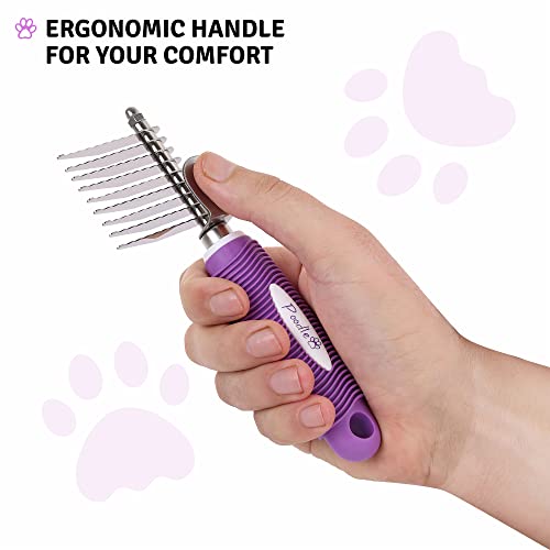 Poodle Pet Dematting Fur Rake Comb Brush Tool with Long 2.5” Steel Safety Blades for Detangling Matted or Knotted Undercoat Hair