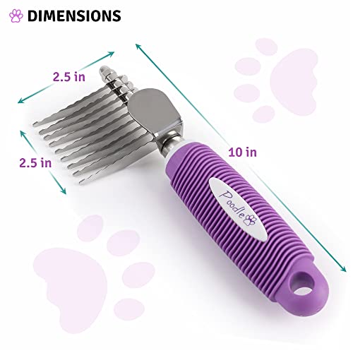 Poodle Pet Dematting Fur Rake Comb Brush Tool with Long 2.5” Steel Safety Blades for Detangling Matted or Knotted Undercoat Hair