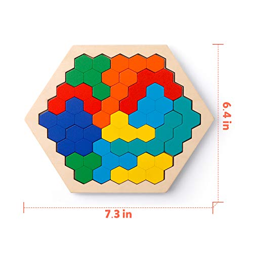 Coogam Wooden Hexagon Puzzle - Shape Block Tangram Brain Teaser Toy Geometry Logic IQ Game STEM Montessori Educational Gift for All Ages Challenge