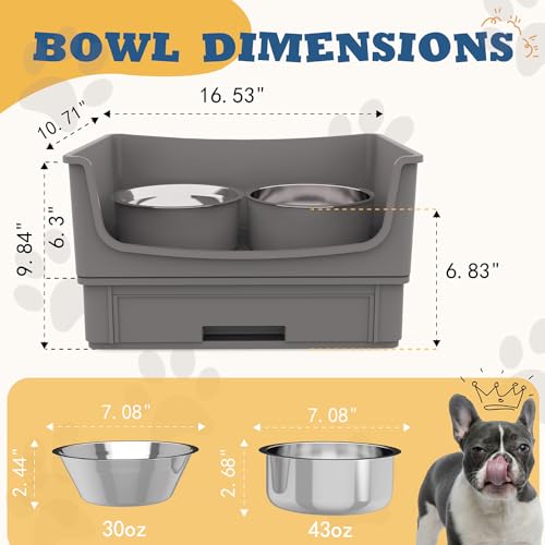 HIKINGO Mess Proof Dog Bowls, No Mess Dog Food and Water Bowl Set, No Spill Edge Pet Feeder with 2 Stainless Steel Bowls