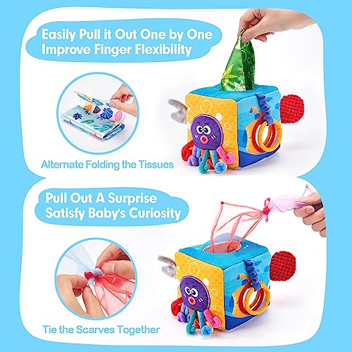 hahaland Baby Tissue Box Toy - Baby Toys 0-6 Months+ Montessori Toys for 6 Month Old with Textured Tails, Cloth Tissues