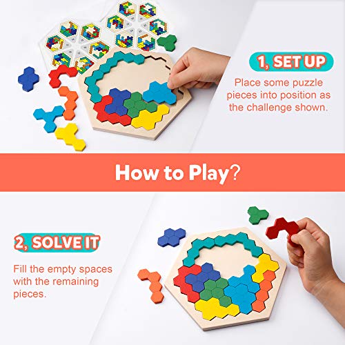 Coogam Wooden Hexagon Puzzle - Shape Block Tangram Brain Teaser Toy Geometry Logic IQ Game STEM Montessori Educational Gift for All Ages Challenge