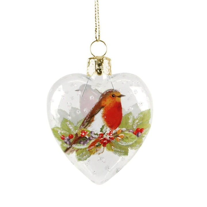 Glass Heart Christmas Ornament with Robin