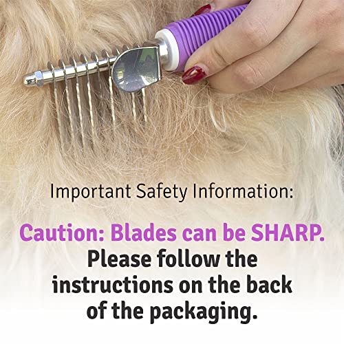 Poodle Pet Dematting Fur Rake Comb Brush Tool with Long 2.5” Steel Safety Blades for Detangling Matted or Knotted Undercoat Hair