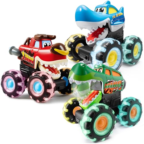 JOYIN 3 Pack Monster Truck Toys for Boy Girl Age 2 3 4 5 6, Motion Activated Light-Up Cars