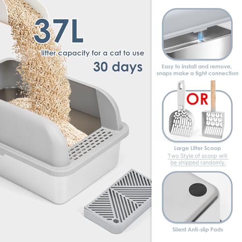 Suzzipaws Enclosed Stainless Steel Cat Litter Box with Lid Extra Large Litter Box for Big Cats XL Metal Litter Pan Tray