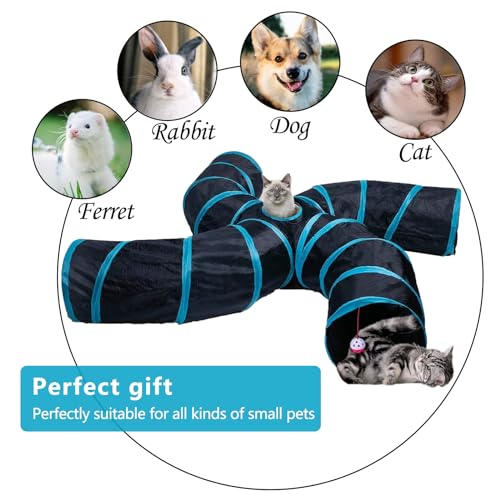 EGETOTA Cat Tunnel for Indoor Cats Large, with Play Ball S-Shape 4 Way Collapsible Interactive Peek Hole Pet Tube Toys, Puppy, Kitty, Kitten, Rabbit (S4 - Black & Blue)