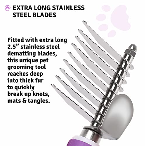 Poodle Pet Dematting Fur Rake Comb Brush Tool with Long 2.5” Steel Safety Blades for Detangling Matted or Knotted Undercoat Hair