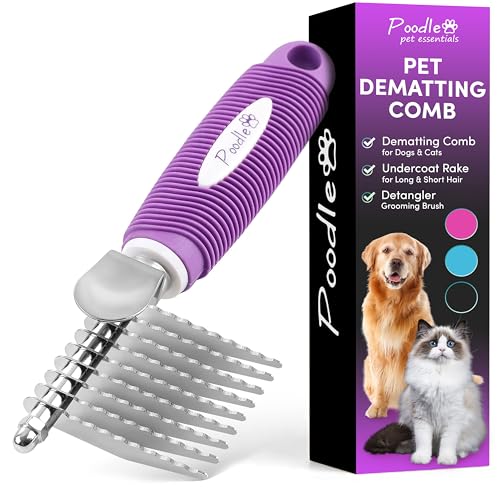 Poodle Pet Dematting Fur Rake Comb Brush Tool with Long 2.5” Steel Safety Blades for Detangling Matted or Knotted Undercoat Hair