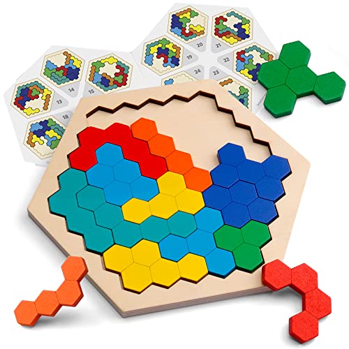 Coogam Wooden Hexagon Puzzle - Shape Block Tangram Brain Teaser Toy Geometry Logic IQ Game STEM Montessori Educational Gift for All Ages Challenge