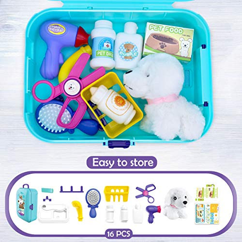 Pet Care Role Play Set - 16 pcs Grooming & Vet Kit for Kids