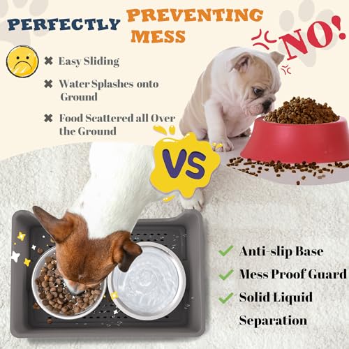 HIKINGO Mess Proof Dog Bowls, No Mess Dog Food and Water Bowl Set, No Spill Edge Pet Feeder with 2 Stainless Steel Bowls