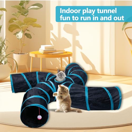 EGETOTA Cat Tunnel for Indoor Cats Large, with Play Ball S-Shape 4 Way Collapsible Interactive Peek Hole Pet Tube Toys, Puppy, Kitty, Kitten, Rabbit (S4 - Black & Blue)