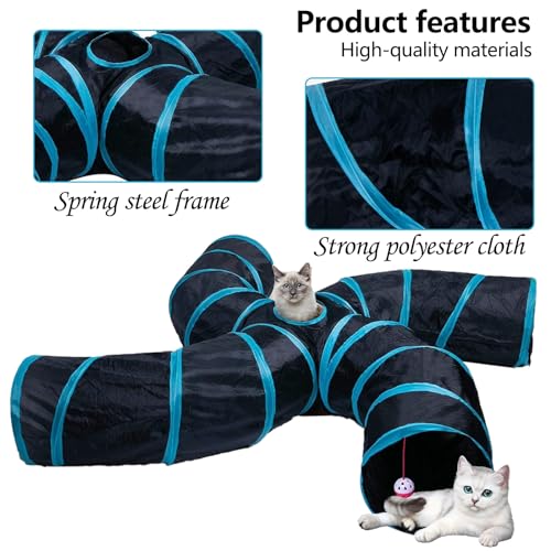 EGETOTA Cat Tunnel for Indoor Cats Large, with Play Ball S-Shape 4 Way Collapsible Interactive Peek Hole Pet Tube Toys, Puppy, Kitty, Kitten, Rabbit (S4 - Black & Blue)