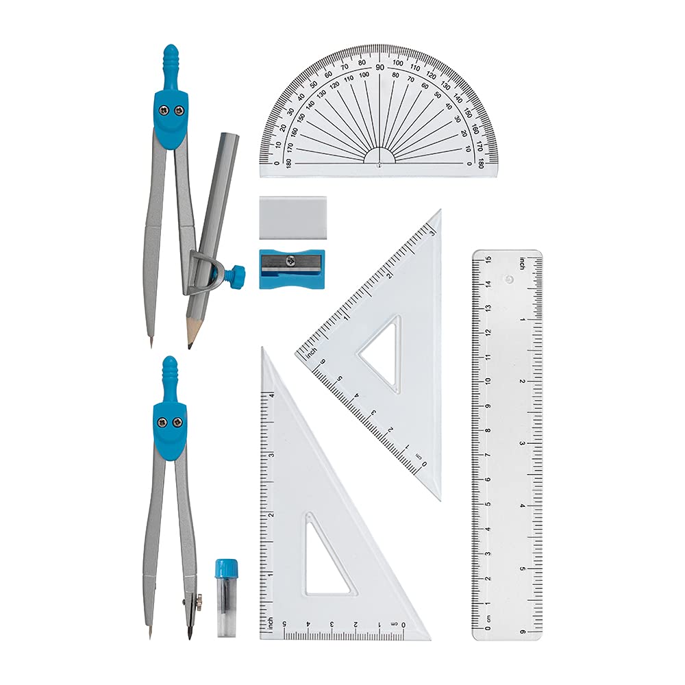 Blue Geometry Set - 10 Pieces for Exams