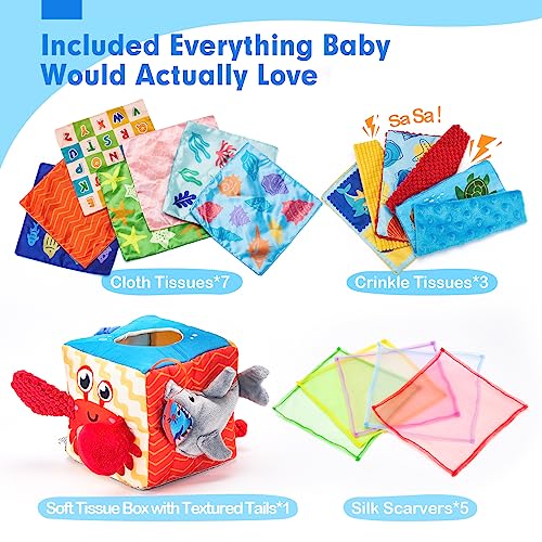 hahaland Baby Tissue Box Toy - Baby Toys 0-6 Months+ Montessori Toys for 6 Month Old with Textured Tails, Cloth Tissues