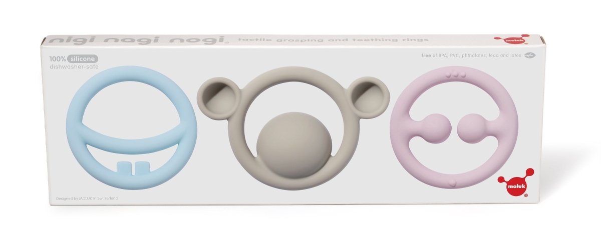 MOLUK Nigi, Nagi & Nogi Teether and Sensory Pastel Colour Set – Baby Teethers for children, available at Learning Bugs UK