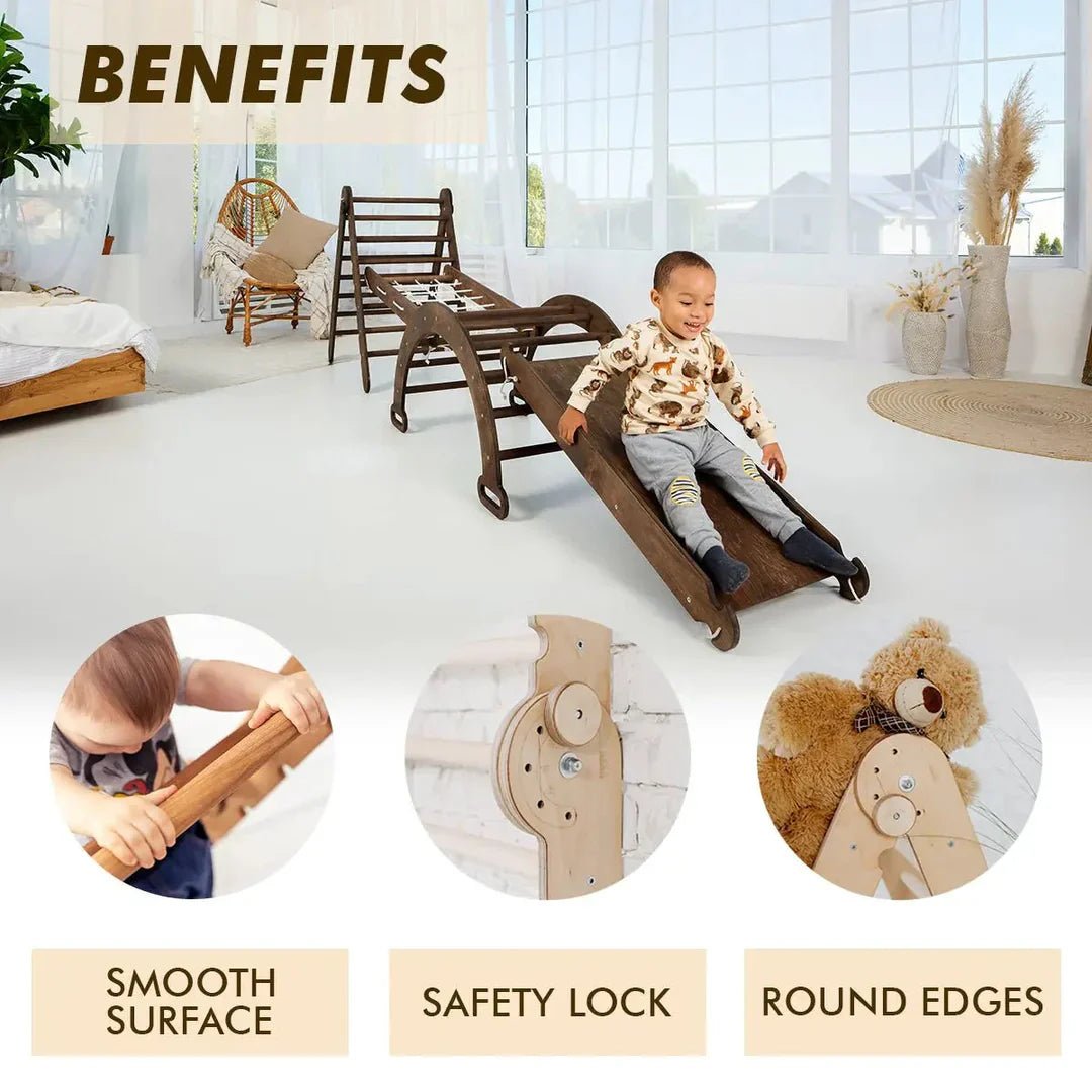 Goodevas 5in1 Montessori Climbing Frame with Slide & Net – Chocolate – 5in1 Playsets for children, available at Learning Bugs UK