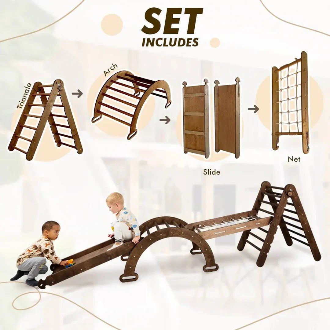 Goodevas 5in1 Montessori Climbing Frame with Slide & Net – Chocolate – 5in1 Playsets for children, available at Learning Bugs UK