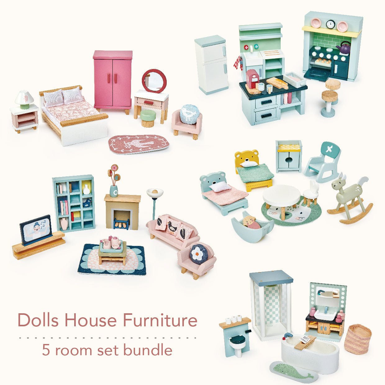 Buy Furniture Bundle (5x Room Sets: Bathroom, Bedroom, Kitchen, Sitting Room, Childrens Bedroom) | Wooden dolls house furniture bundle for kids by Learning Bugs UK