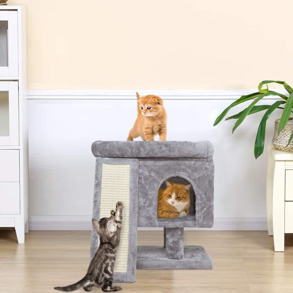 SYANDLVY Small Cat Tree for Indoor Cats, Modern Cat Activity Tower with Plush Perch, Kittens Condo with Scratching Post and Board