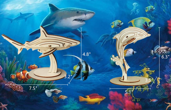 3D Wooden Sea Animal Puzzle - 6 Piece Set Wood Sea Animals Skeleton Assembly Model Kits - Wooden Crafts DIY Brain Teaser Puzzle - STEM Toys Gifts for Kids and Adults Teens Boys Girls