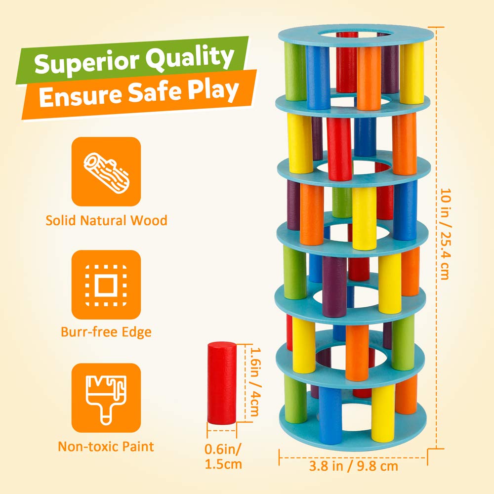 Coogam Wooden Leaning Tower Game - Tumbling Block Toppling Timber Stacking Tower Toy Games