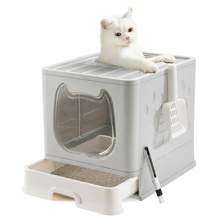 Pawsayes Cat Litter Tray Litter box with Lid for Medium and Small Cats, Foldable Top Entry Kitten Litter Box with Drawer Pan and Scoop