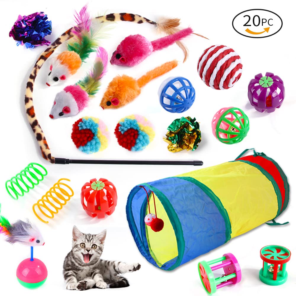 20 Pcs Cat Toys for Indoor Kitten, Collapsible Tunnel, Interactive Feather Wand Ball Spring Mice Toy for Puppy Kitty