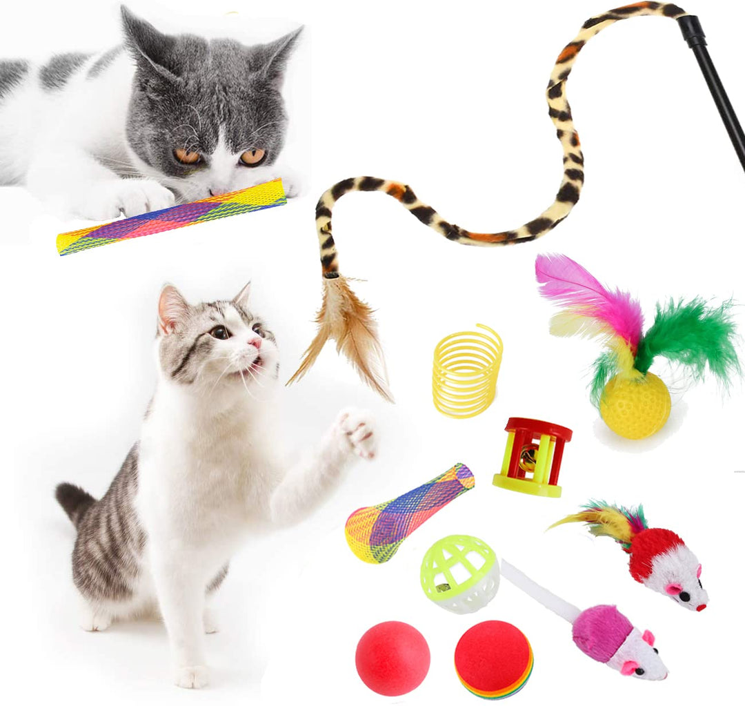 Wefine 22 Pcs Cat Toys for Indoor Kitten, Interactive Cat Kitten Toys Set, Collapsible Cat Tunnel Feather Wand Ball Spring Mice