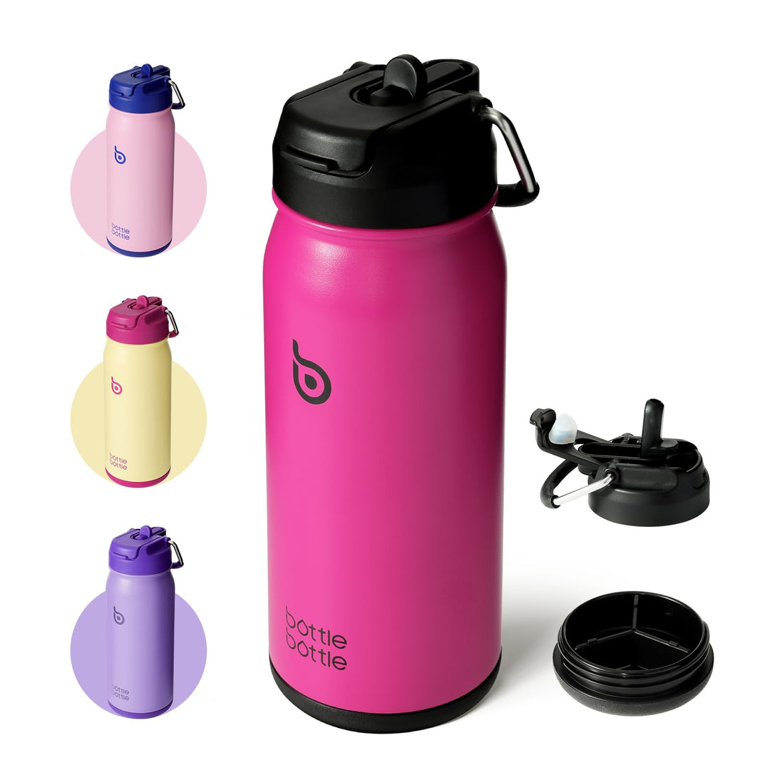 BOTTLE BOTTLE Stainless Steel Kids Water Bottle 16oz(470ml) Insulated Sports Water Bottle with Straw and Pills Holder for Gifts and School（Viva Magenta）