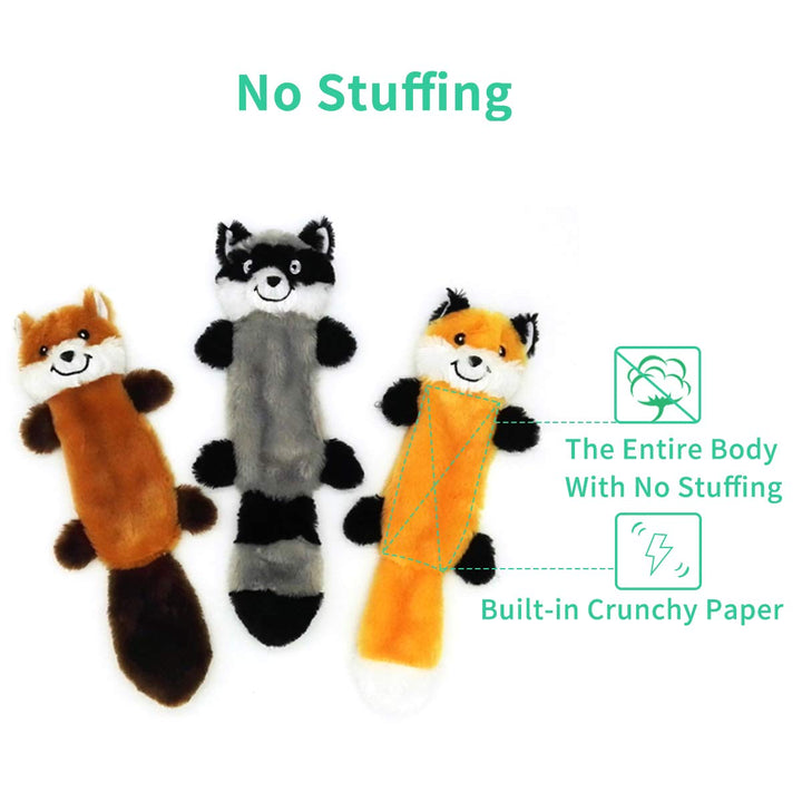 JoyToy Plush Dog Toys Pack of 3 - No Stuffing Dog Toy - Interactive Dog Playing Toy Squeaky Toy for Small Dogs (Raccoon,Fox,Squirrel-A)