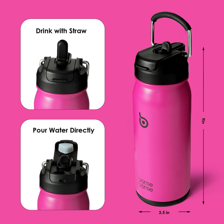 BOTTLE BOTTLE Stainless Steel Kids Water Bottle 16oz(470ml) Insulated Sports Water Bottle with Straw and Pills Holder for Gifts and School（Viva Magenta）