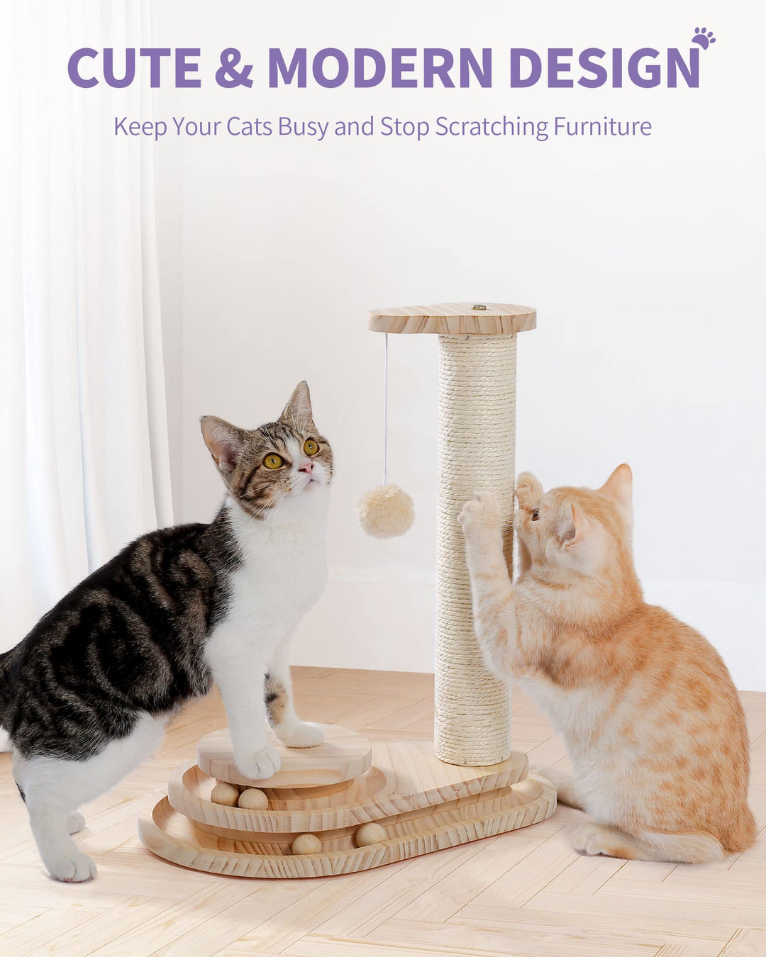 Made4Pets Cat Scratching Post Cat Scratcher Kitten Toys for Indoor Cats Wooden Ball Track Two-Layer Modern Sisal 17.7