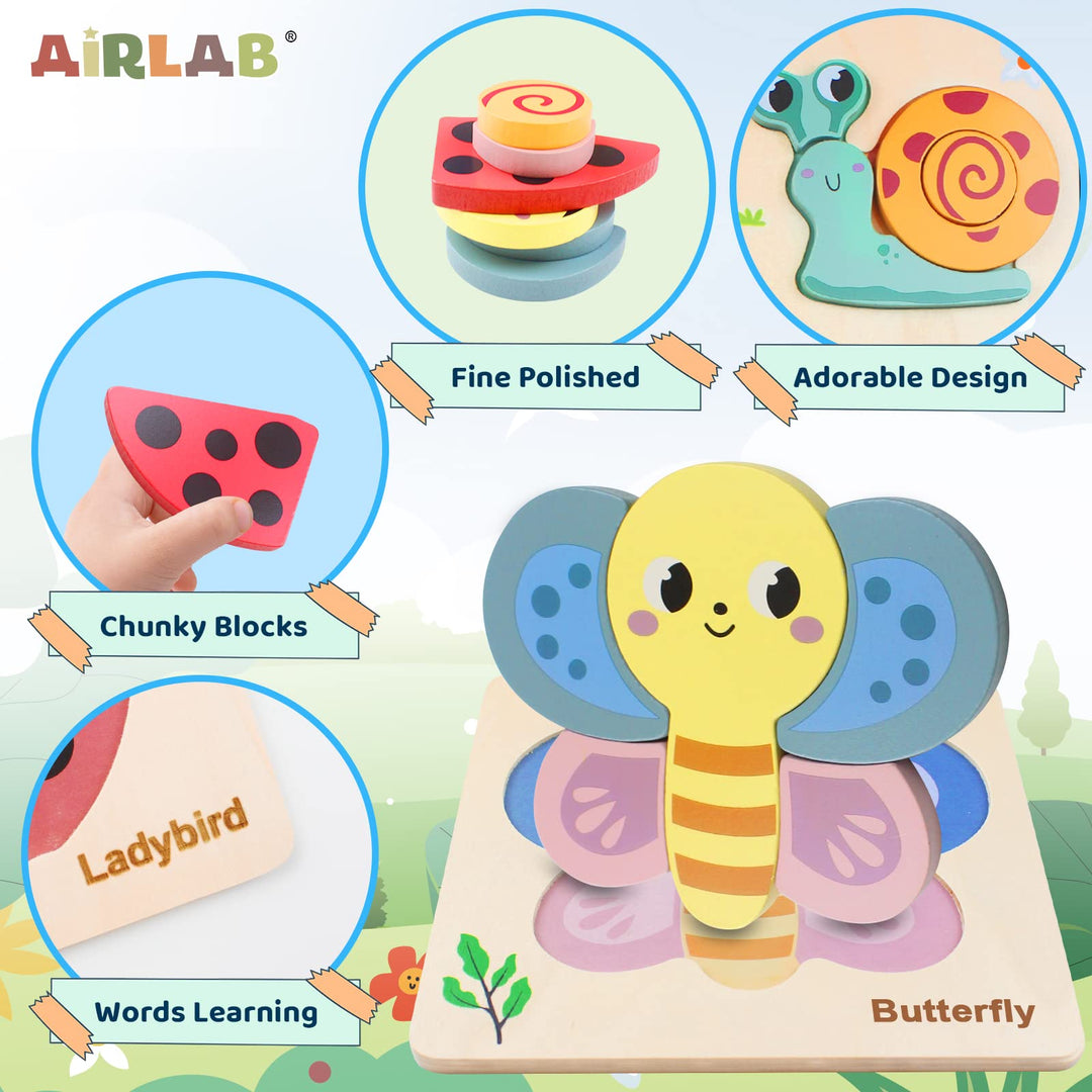 Airlab Wooden Jigsaw Puzzle for Kids, Garden Animals Chunky Shape Puzzles for Toddlers Over 1 2 3 Year Olds