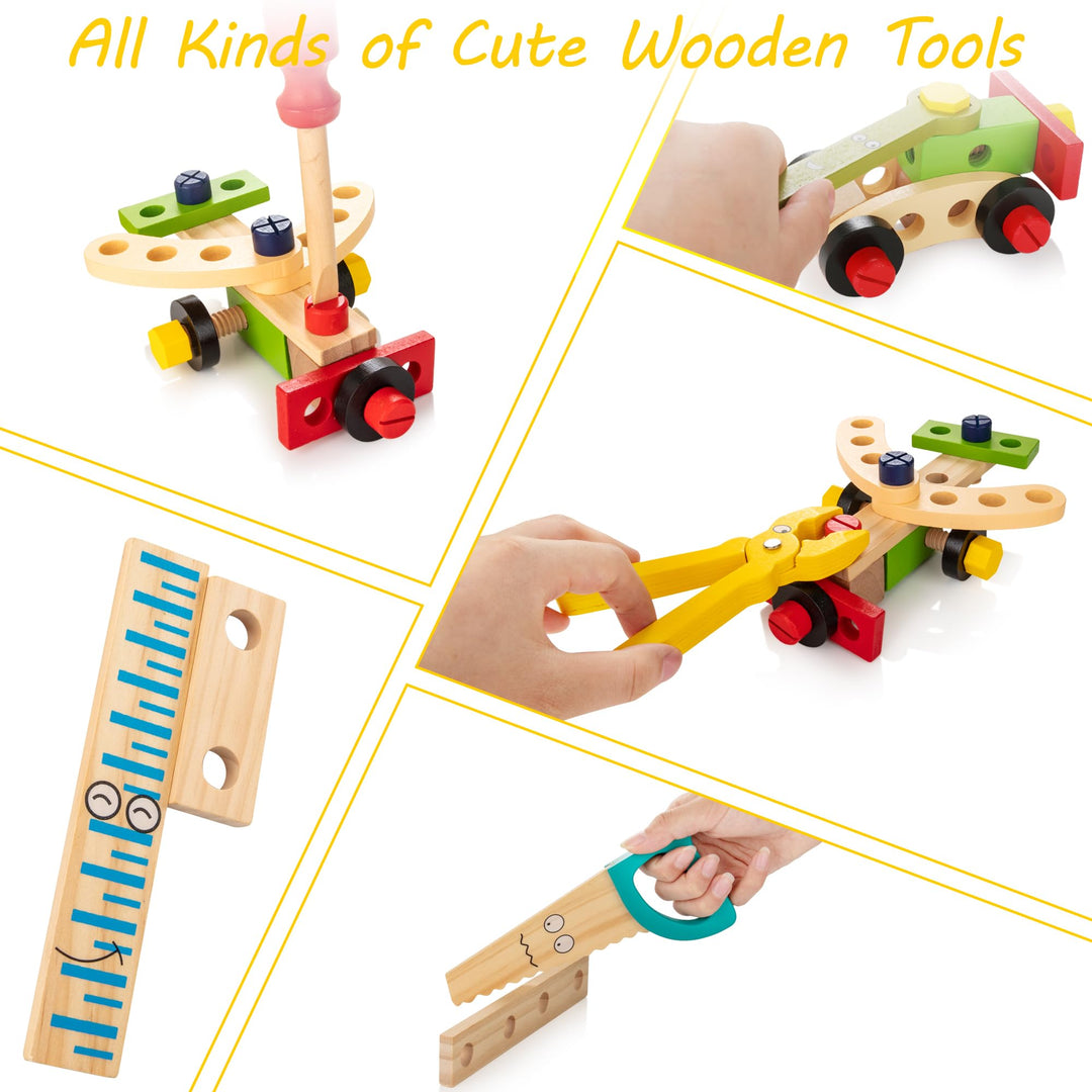 KIDWILL Tool Kit for Kids, Wooden Tool Box with Colorful Wooden Tools