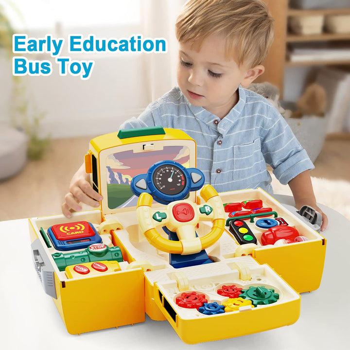 HONGTUO School Bus Toy with Sound and Light, Simulation Steering Wheel Gear Toy, Toddlers School Bus Toys with Music Education Knowledge Simulation