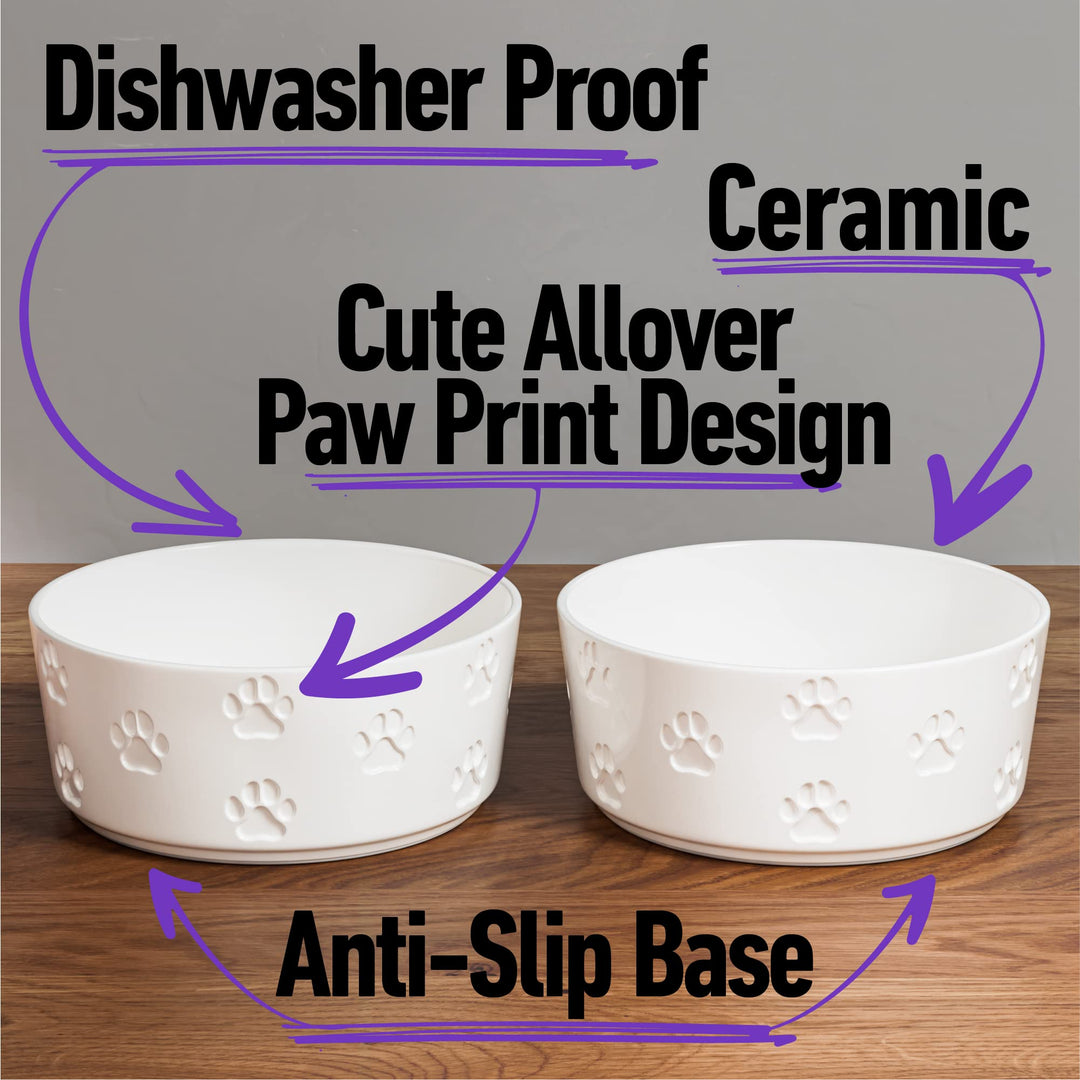 Ceramic Dog Bowl Set with Anti-Slip Rings - 6.5" Round x 2.5" Tall Set of 2 Ceramic Dog Bowls Medium Sized Dog