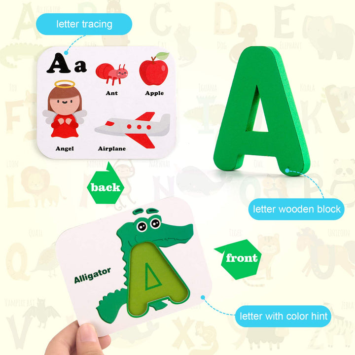 Alphabet and Number Flash Cards, Learning Flashcards for 3 Year Old Boys and Girls, Preschool Puzzle for Kids, Learning ABC Flash Cards with Animals, 36 Cards and 37 Wooden Blocks for Toddlers