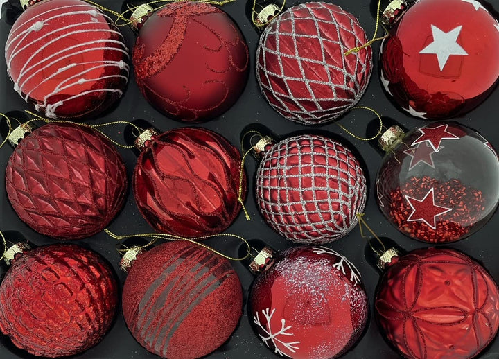 Set of 12 Luxury Red Glass Christmas Baubles