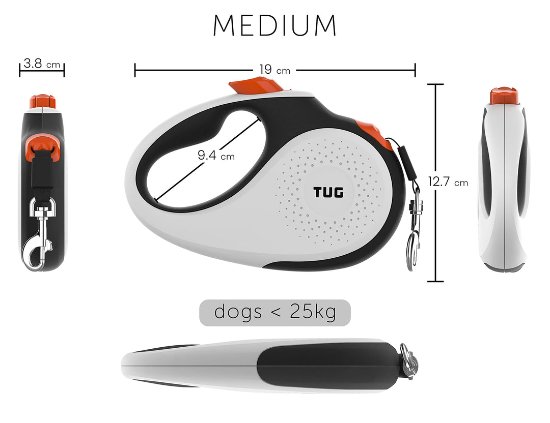 TUG 360° Tangle-Free Retractable Dog Lead for Up to 25 kg Dogs | 5 m Strong Nylon Tape/Ribbon | One-Handed Brake, Pause, Lock (Medium, White/Orange)