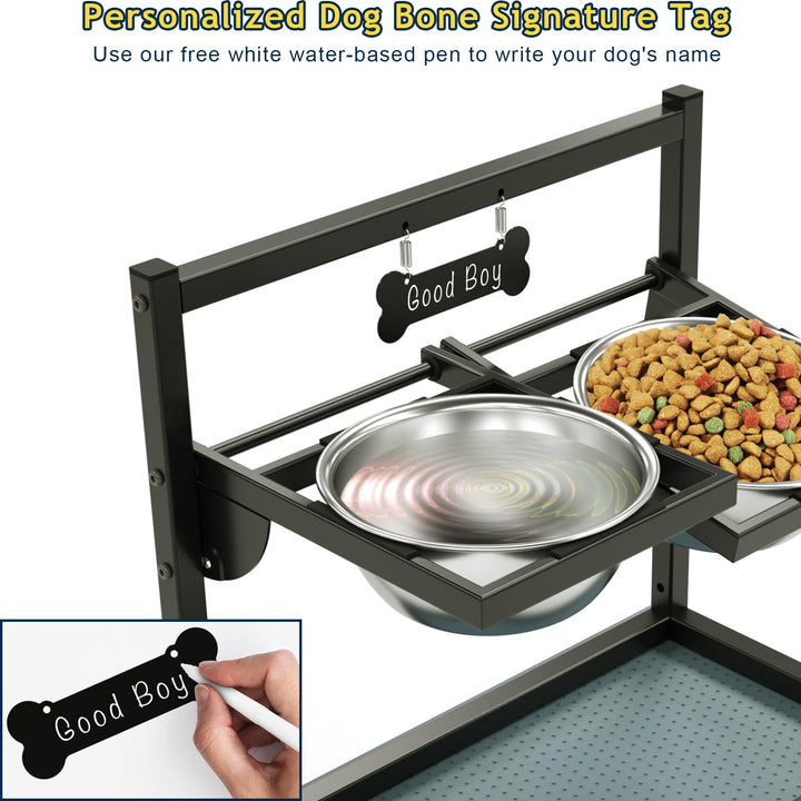 Eanilnaz Elevated Dog Bowls with 4 Height Adjustable 10°Tilted—2 Stainless Steel Dog Food Bowls and Spillproof Mat