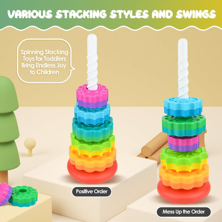 Baby Spinning Stacking Toy,Rainbow Tower Ring Stacker Toy,Spinbow Colour Tower,Sensory Spin Gears Rings Toy