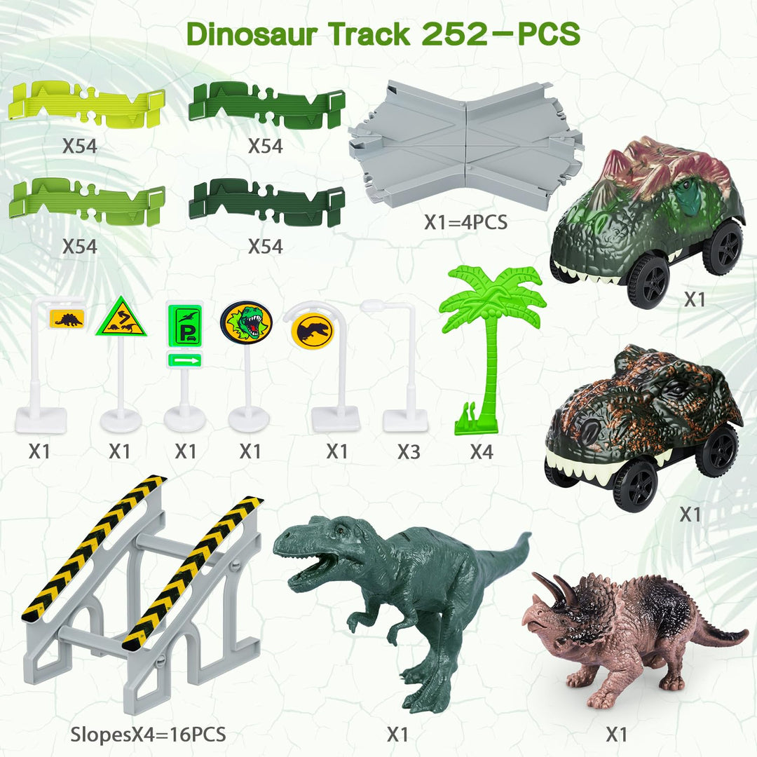 Dinosaur Race Track Car Toy, 252 Pcs Create A Dinosaur World Road Race Tracks, with 2pcs Dinosaur Car,Flexible Track Playset, Birthday Party Gift for 3 4 5 6 Boys Girls Year Old