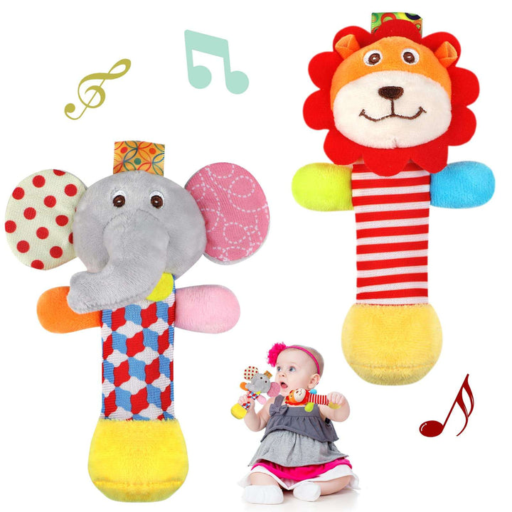 Soft Baby Rattles, 2 Pack Plush Animal Rattle Toys